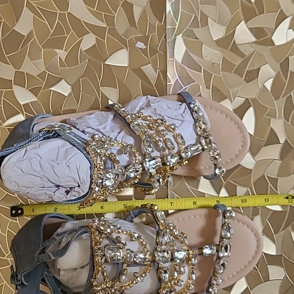 Shoe Dazzle Gold Crystal & Denim Gladiator Sandals - Picture 12 of 12